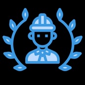 Blue icon illustrating a hard hat-wearing person's torso surrounded by laurels.