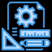 Blue icon illustrating a page, gear, ruler, pencil, and square.