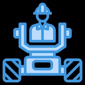 Blue icon illustrating a hard hat-wearing person's torso with lines pointing to three other hard hats.