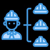 Blue icon illustrating a person in a hard hat driving heavy machinery.